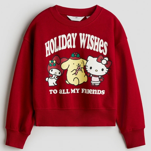 H&M Girls Hello Kitty Sanrio Red Holiday Wishes Oversized Sweatshirt Size 8-10